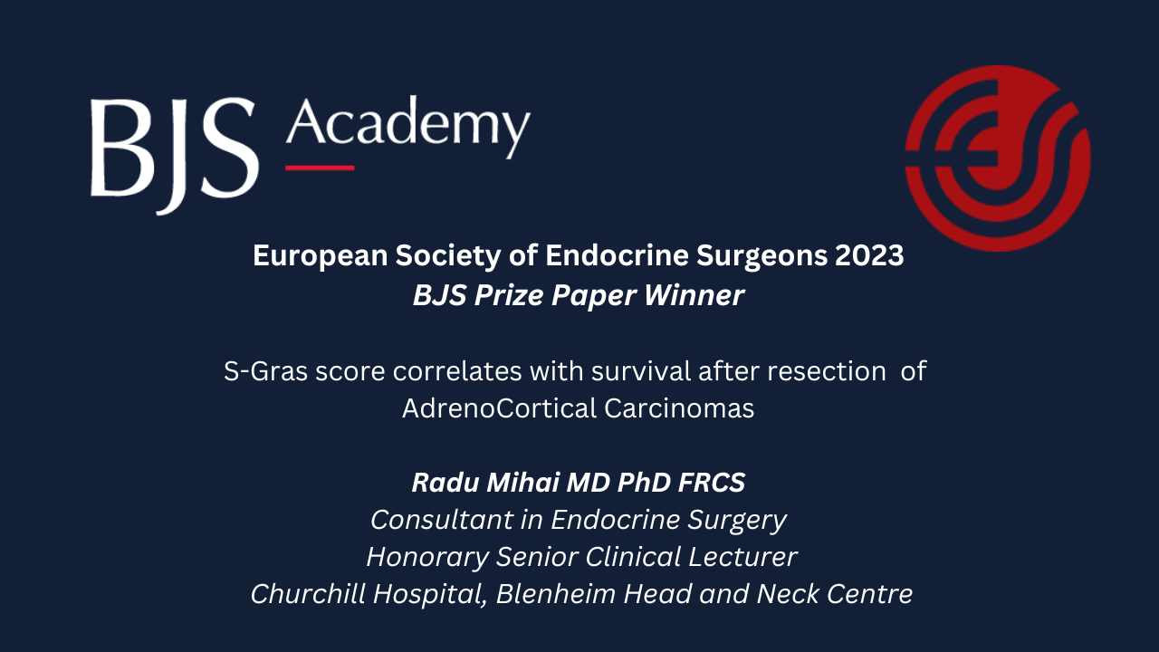 The European Society of Endocrine Surgeons BJS Prize 2023: S-Gras score correlates with survival after resection of AdrenoCortical Carcinomas.